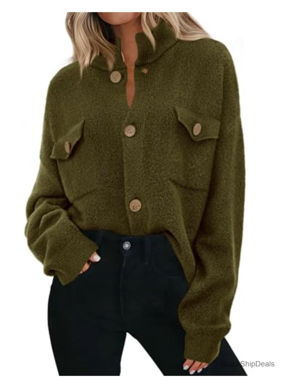 Chunky Knit Cardigan Sweater Jacket Mock Neck Long Sleeve Button Up Women's